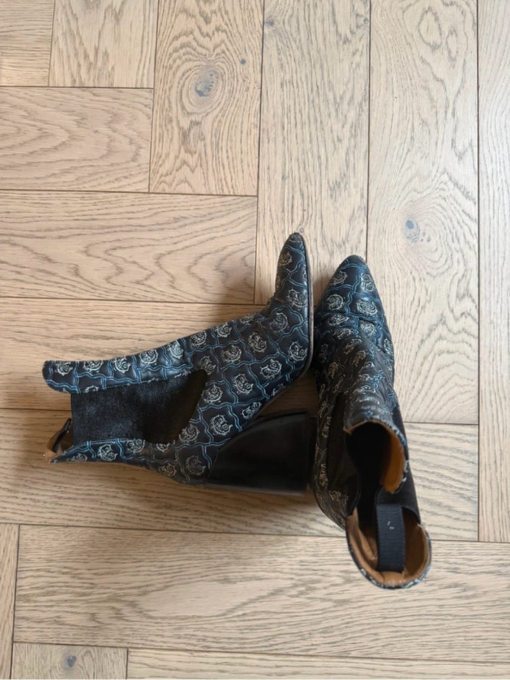 Chloe Floral Embroidered Black Pointed Toe Ankle Chelsea Boots